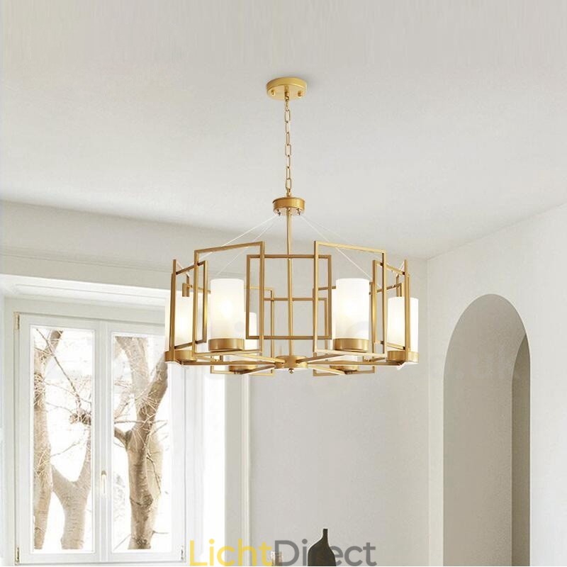 Moderne, eigentijdse hanglamp van messing met 6 lampen en glazen kap