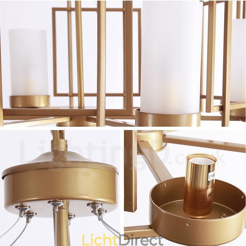 Moderne, eigentijdse hanglamp van messing met 6 lampen en glazen kap