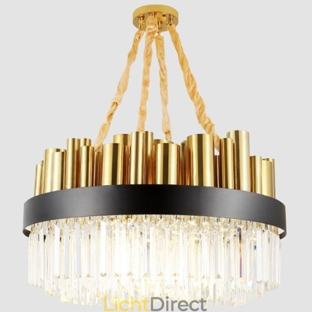 Moderne, eigentijdse hanglamp van staal met 16 lampen en kristallen kap Moderne, eigentijdse hanglamp van staal met 16 lampen en kristallen kap