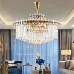 Moderne, eigentijdse 9-lichts stalen hanglamp met kristallen kap