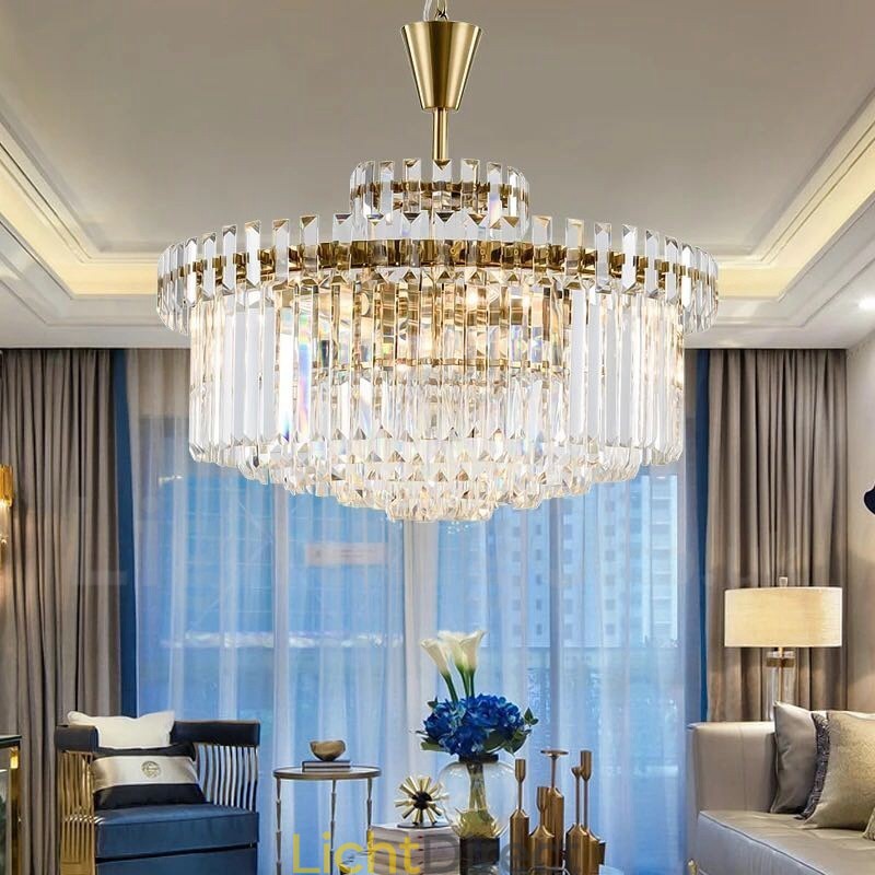 Moderne, eigentijdse 9-lichts stalen hanglamp met kristallen kap