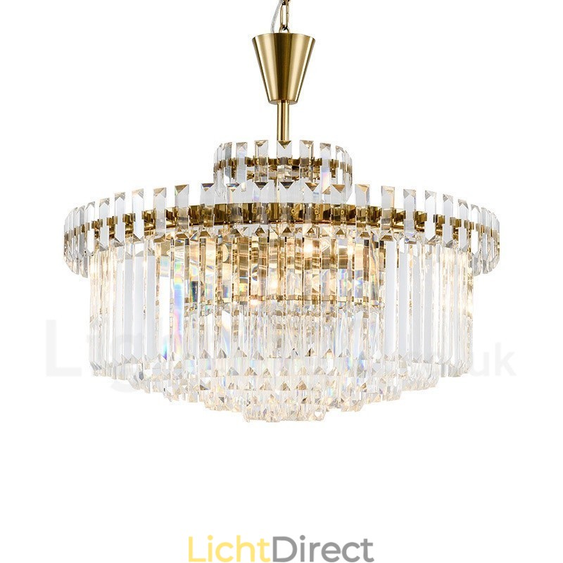 Moderne, eigentijdse 9-lichts stalen hanglamp met kristallen kap