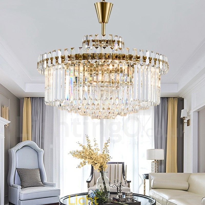 Moderne, eigentijdse 9-lichts stalen hanglamp met kristallen kap