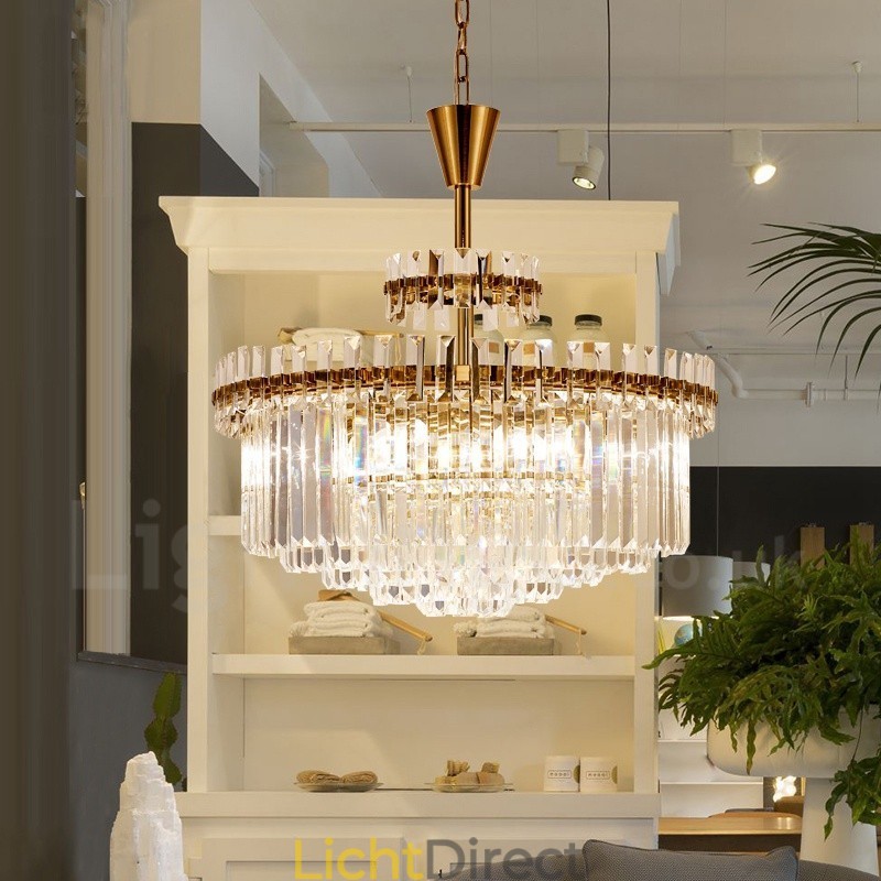 Moderne, eigentijdse 9-lichts stalen hanglamp met kristallen kap