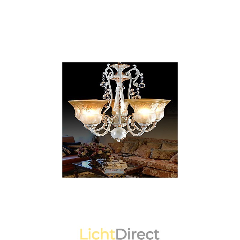 Witte kroonluchter met vijf lampen, patroon, glazen kap, handverguld, Europees retro klassiek