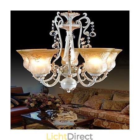 Witte kroonluchter met vijf lampen, patroon, glazen kap, handverguld, Europees retro klassiek Witte kroonluchter met vijf lampen, patroon, glazen kap, handverguld, Europees retro klassiek