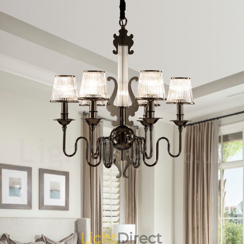 Moderne eigentijdse 6-lichts stalen kroonluchter met acryl kap