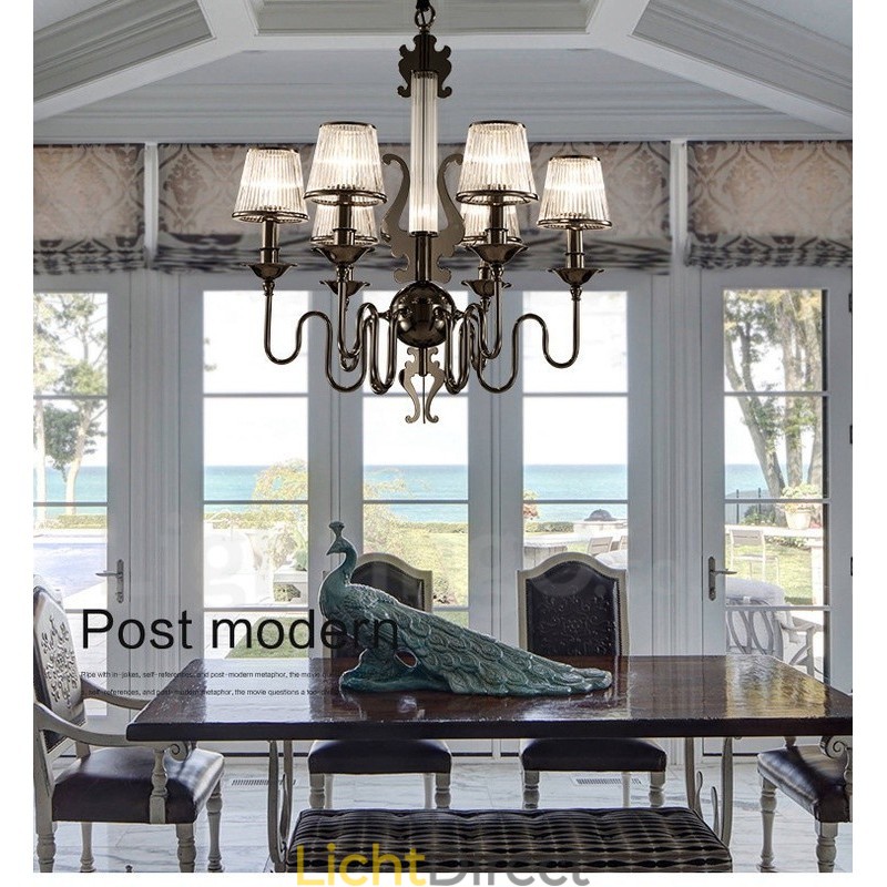 Moderne eigentijdse 6-lichts stalen kroonluchter met acryl kap