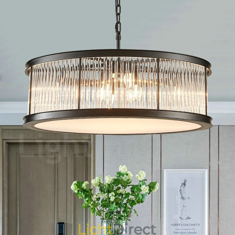 Moderne, eigentijdse hanglamp van staal met 8 lampen en een kap van kristalacryl