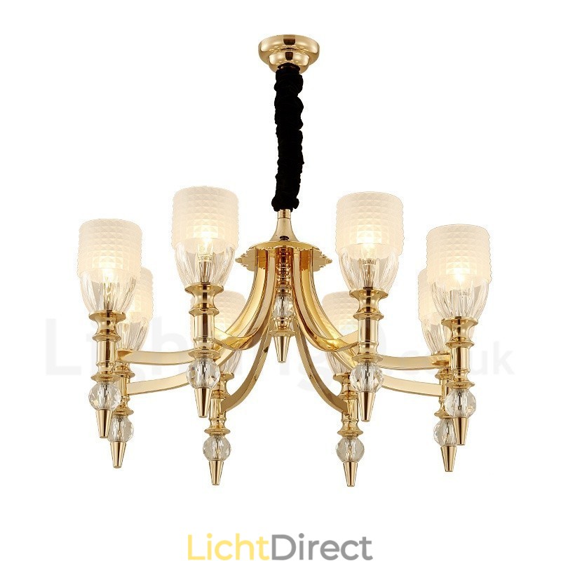 Mediterrane 8-lichts stalen kroonluchter met glazen kap