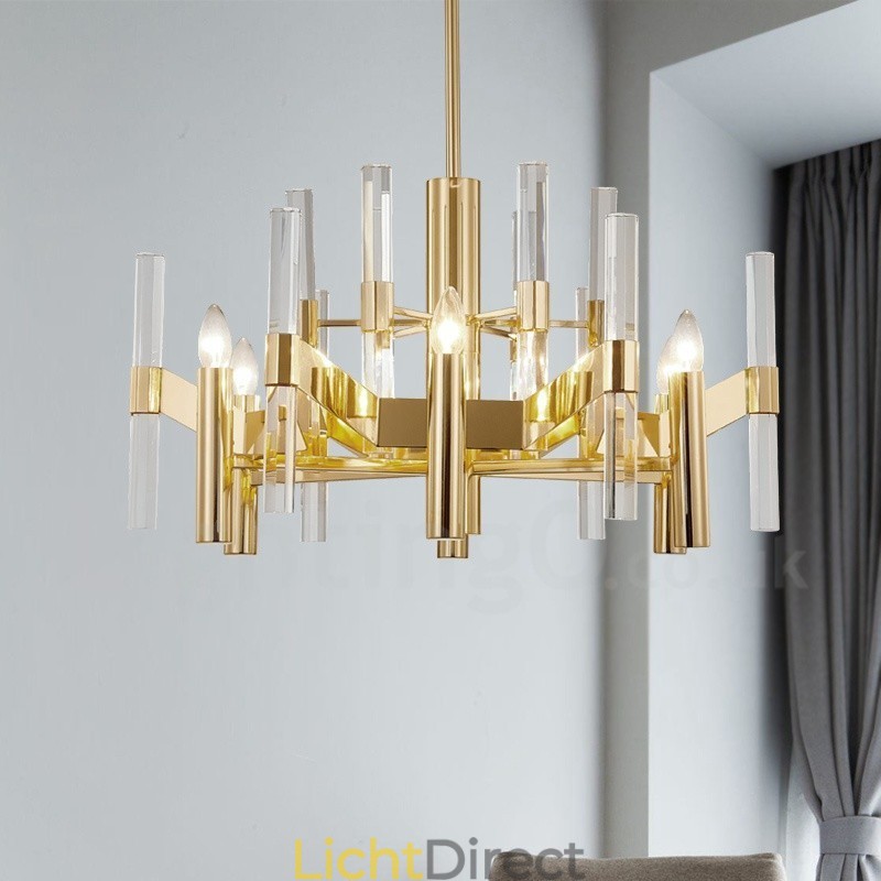 Moderne, eigentijdse 8-lichts metalen kroonluchter met kristallen kap