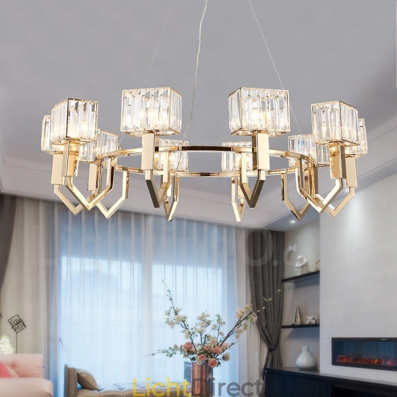Moderne, eigentijdse hanglamp van staal met 10 lampen en kristallen kap