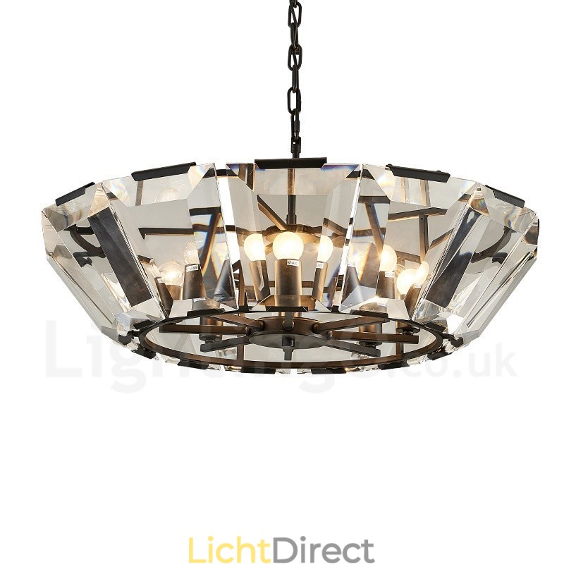 Moderne, eigentijdse hanglamp van staal met 8 lampen en kap van kristalglas