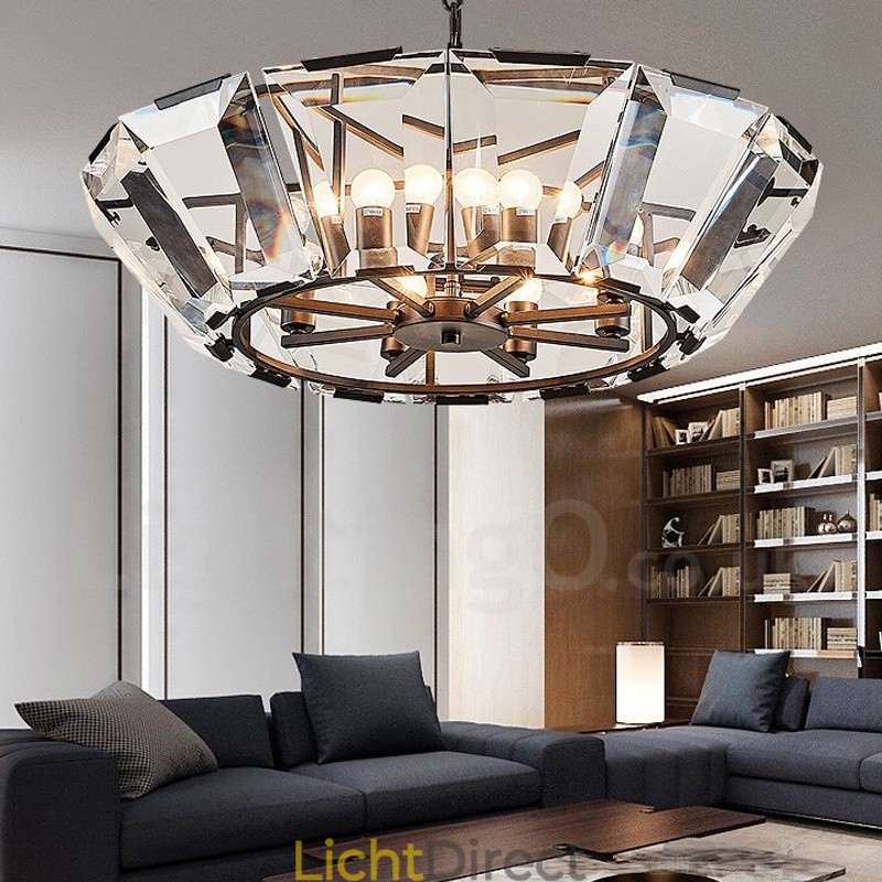 Moderne, eigentijdse hanglamp van staal met 8 lampen en kap van kristalglas