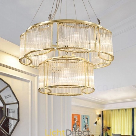 Moderne, eigentijdse hanglamp van staal met 11 lampen en kap van kristalglas