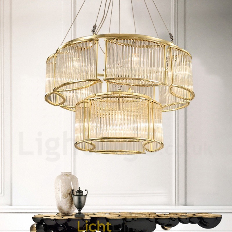 Moderne, eigentijdse hanglamp van staal met 11 lampen en kap van kristalglas