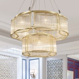 Moderne, eigentijdse hanglamp van staal met 11 lampen en kap van kristalglas