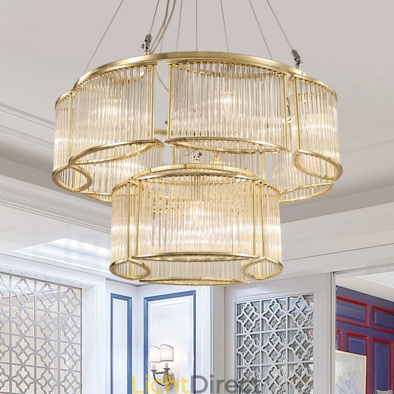 Moderne, eigentijdse hanglamp van staal met 11 lampen en kap van kristalglas