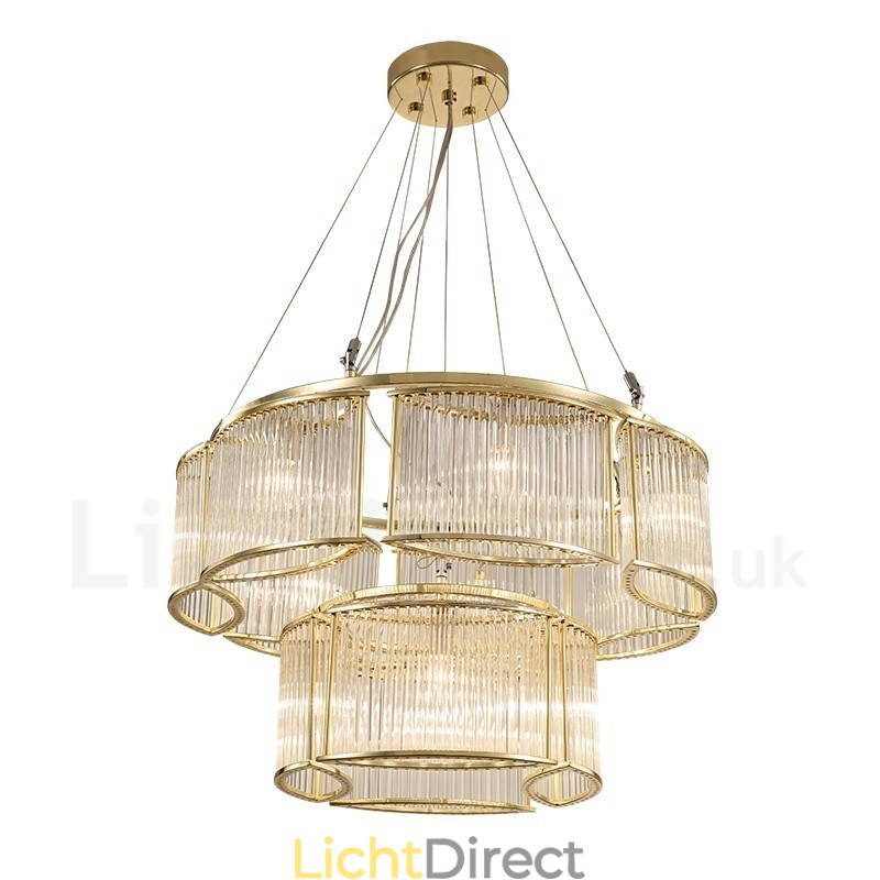 Moderne, eigentijdse hanglamp van staal met 11 lampen en kap van kristalglas