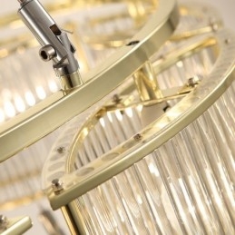 Moderne, eigentijdse hanglamp van staal met 11 lampen en kap van kristalglas