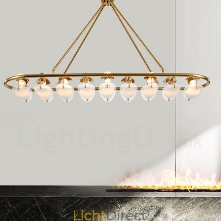 Moderne, eigentijdse 9-lichts hanglamp van messing met glazen kap