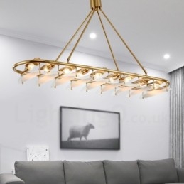 Moderne, eigentijdse 9-lichts hanglamp van messing met glazen kap