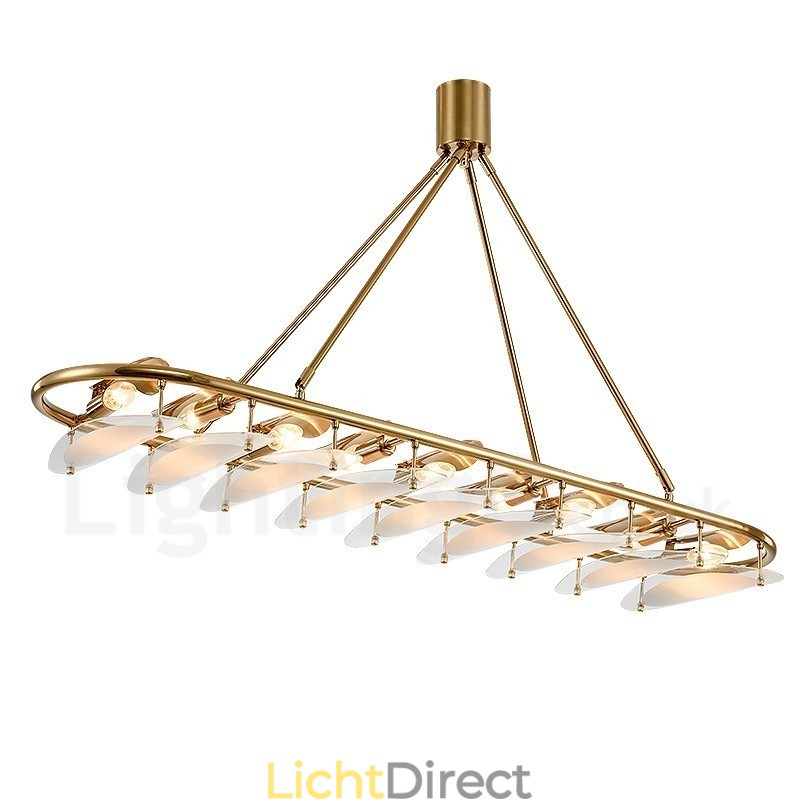 Moderne, eigentijdse 9-lichts hanglamp van messing met glazen kap