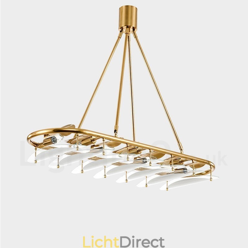 Moderne, eigentijdse 9-lichts hanglamp van messing met glazen kap