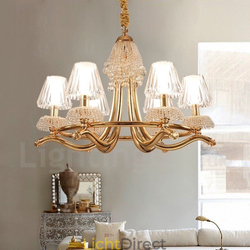 Moderne eigentijdse 6-lichts kristallen stalen kroonluchter met acryl kap