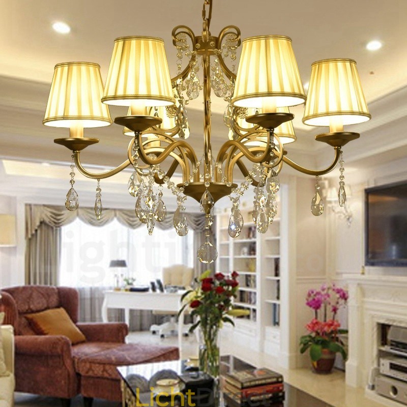 Rustieke Lodge 8-lichts kristallen stalen kroonluchter met stoffen kap