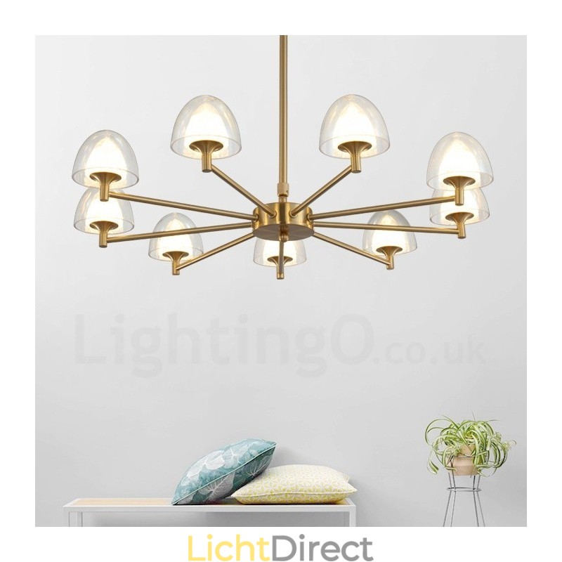 Moderne, eigentijdse 9-lichts metalen kroonluchter met acryl kap