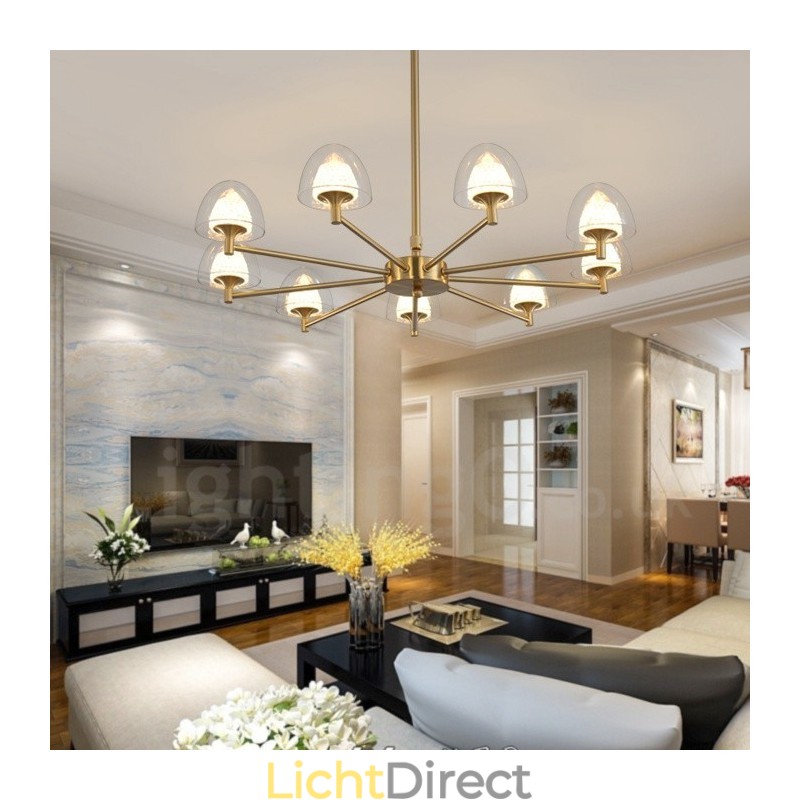 Moderne, eigentijdse 9-lichts metalen kroonluchter met acryl kap