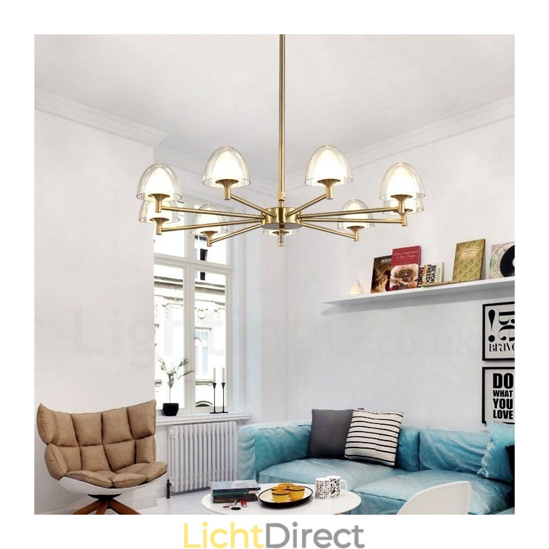 Moderne, eigentijdse 9-lichts metalen kroonluchter met acryl kap