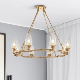 Moderne, eigentijdse hanglamp van staal met 8 lampen en glazen kap