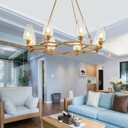 Moderne, eigentijdse hanglamp van staal met 8 lampen en glazen kap