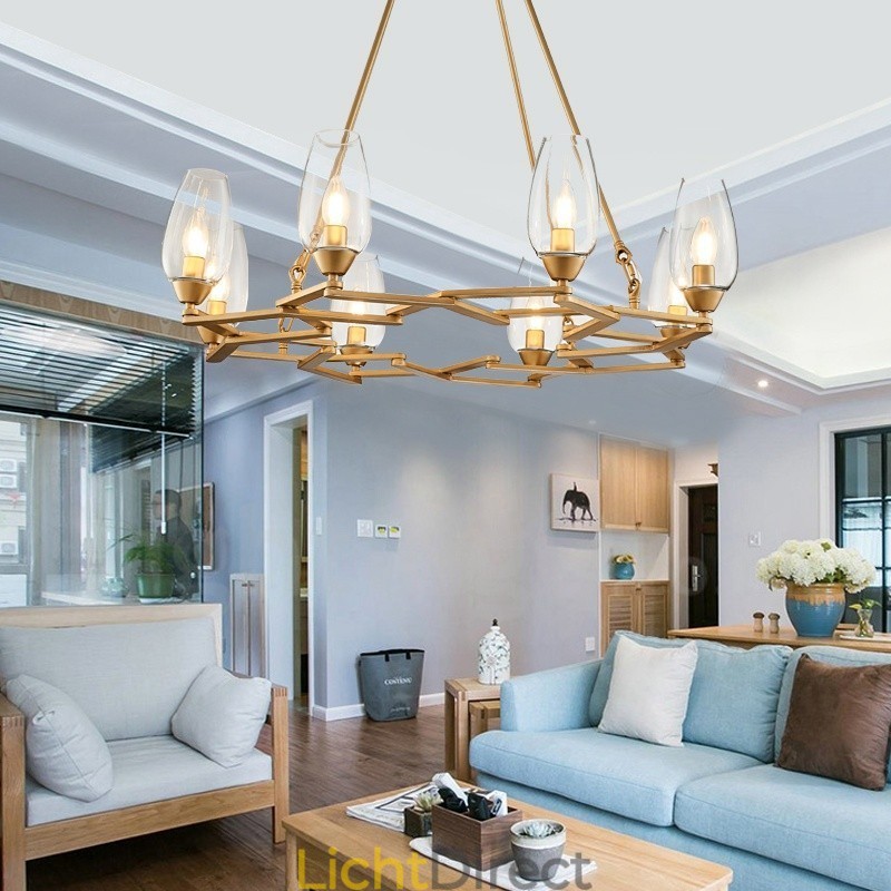 Moderne, eigentijdse hanglamp van staal met 8 lampen en glazen kap