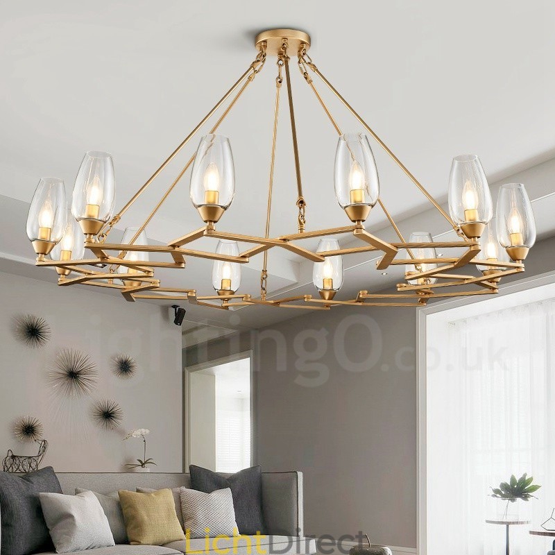 Moderne, eigentijdse hanglamp van staal met 12 lampen en glazen kap