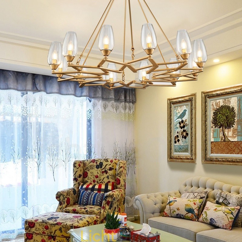 Moderne, eigentijdse hanglamp van staal met 12 lampen en glazen kap