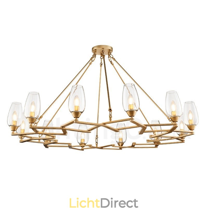 Moderne, eigentijdse hanglamp van staal met 12 lampen en glazen kap