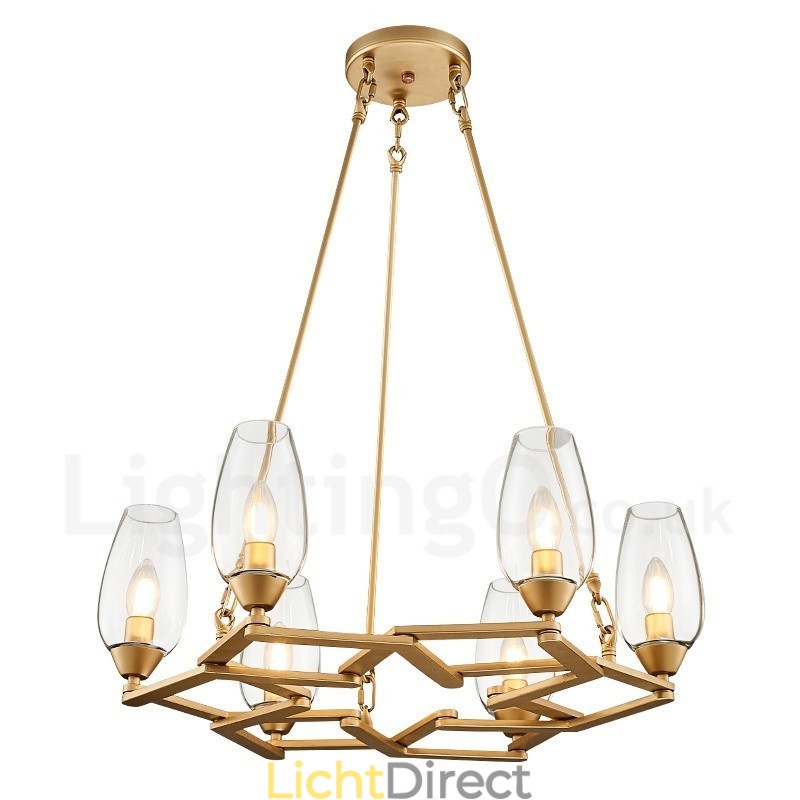 Moderne, eigentijdse hanglamp van staal met 6 lampen en glazen kap