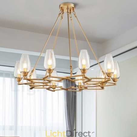 Moderne, eigentijdse hanglamp van staal met 10 lampen en glazen kap Moderne, eigentijdse hanglamp van staal met 10 lampen en glazen kap