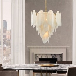 Moderne, eigentijdse hanglamp van staal met 6 lampen en glazen kap