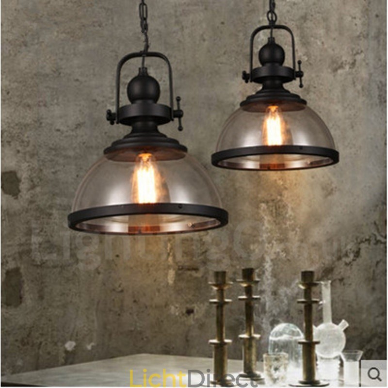 Retro 1-lichts stalen hanglamp met glazen kap