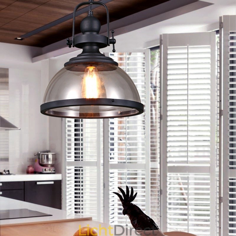 Retro 1-lichts stalen hanglamp met glazen kap