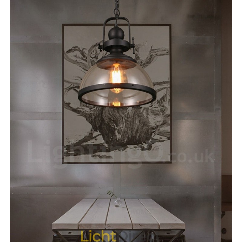 Retro 1-lichts stalen hanglamp met glazen kap