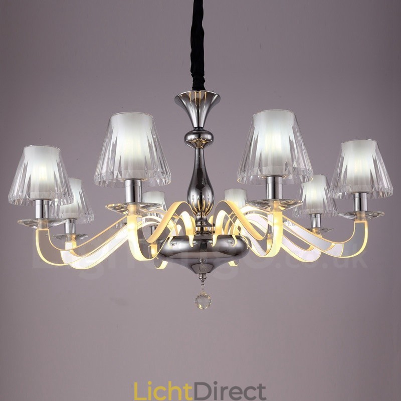 Dimbare moderne eigentijdse 8-lichts stalen kroonluchter met glazen kap