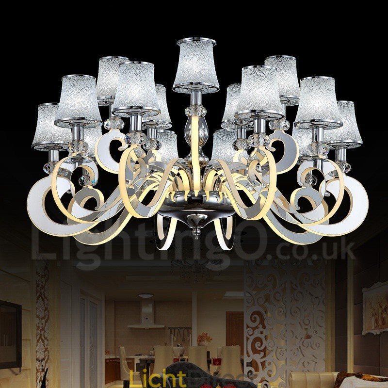 Dimbare moderne eigentijdse 15-lichts stalen kroonluchter met glazen kap