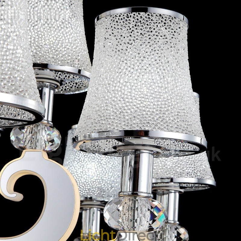 Dimbare moderne eigentijdse 15-lichts stalen kroonluchter met glazen kap