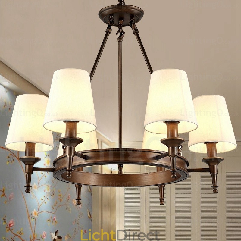 6-lichts hanglamp in Scandinavische landelijke stijl met stoffen kap