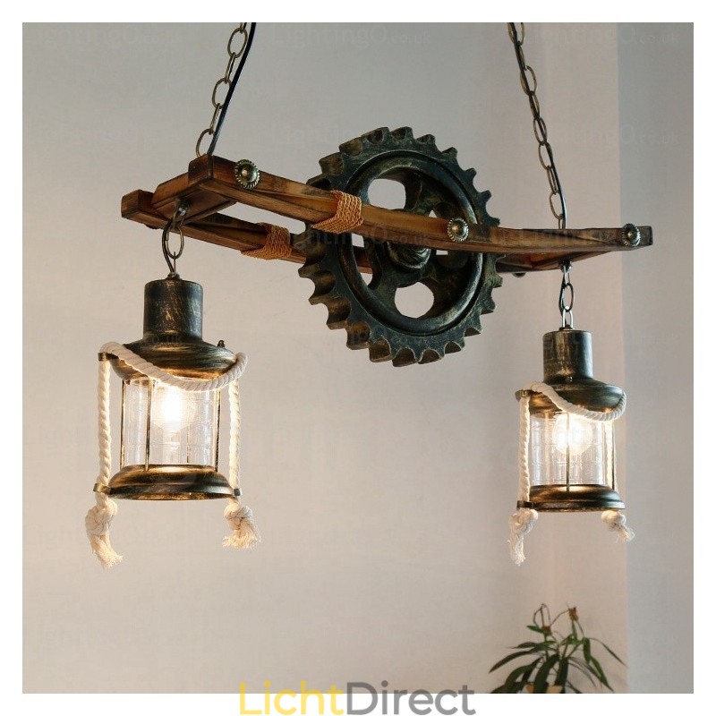 2-lichts landelijke rustieke vintage retro hanglamp met glazen kap